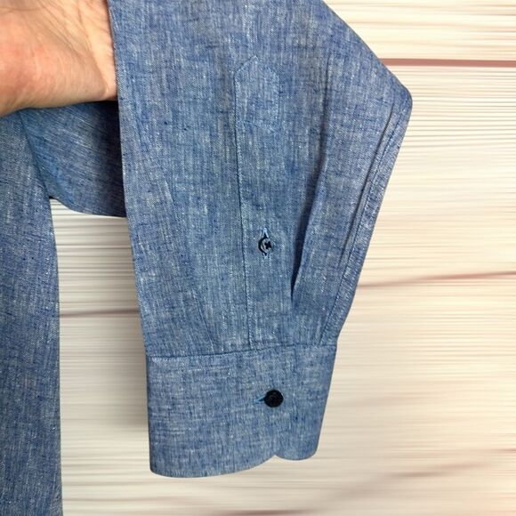 Garmany Linen Cotton Shirt Blue Button Down Long Sleeve Fitted Italy XL - Picture 7 of 12